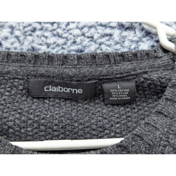 Liz Claiborne Cable Knit Fisherman Sweater Size LG Knit Wool Blend Chunky Gray - Picture 10 of 10